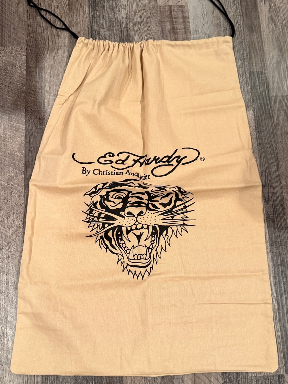 Ed Hardy Beige Drawstring dust Bag with Black Tiger Print